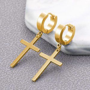 Stainless Steel Cross Drop Dangle Hoop Earrings Gold Men Women NWT